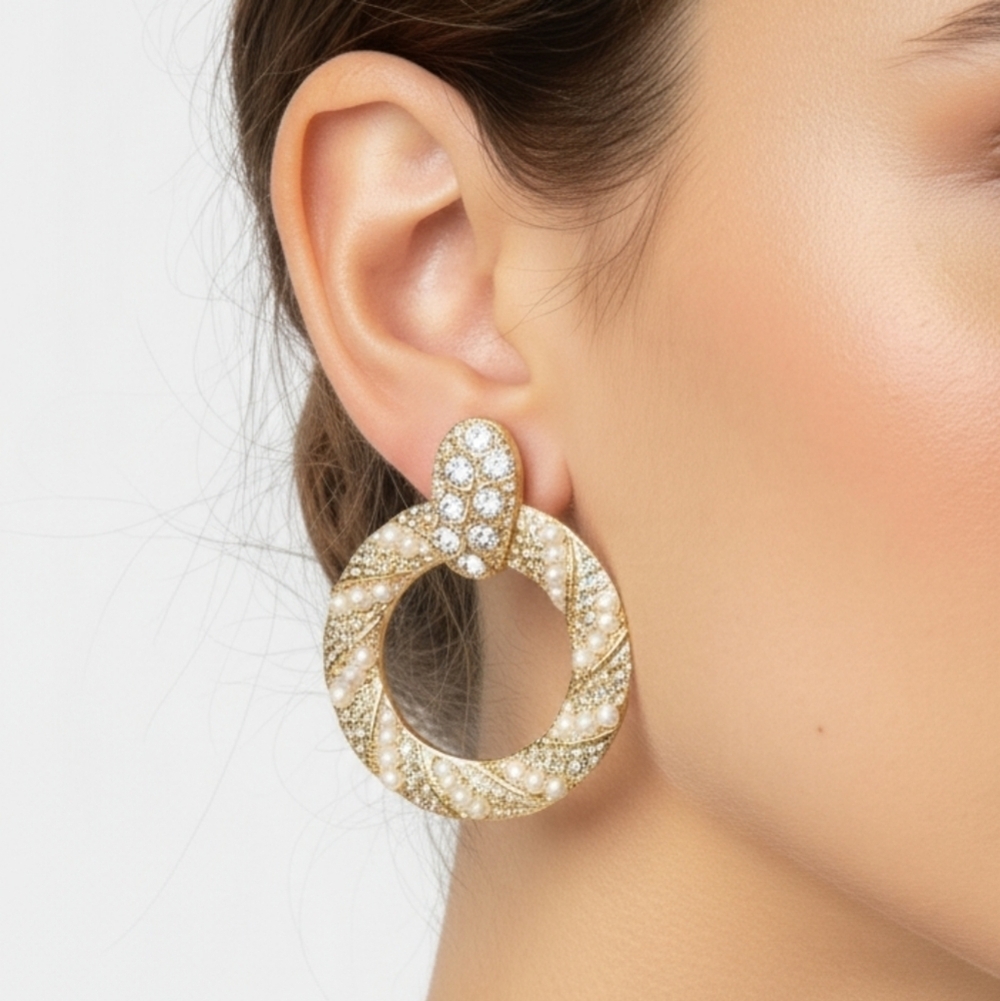 D'bello Twisted Gold Pearl Dangle Round Earrings New